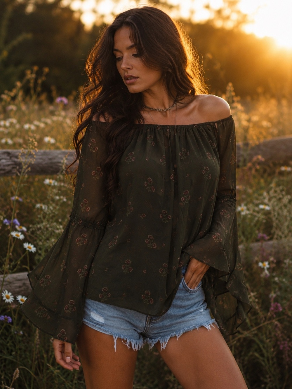 White House Black Market Off Shoulder Floral Bell Sleeve Blouse Top M Boho